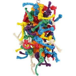Colorful parrot chew toy with knotted sisal ropes and wooden block on white background