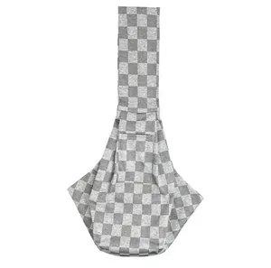Lightweight grey and white checkered pet sling carrier bag with convenient front storage pocket