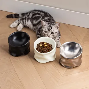 Cuenco de Cerámica Moderno para Mascotas Protección de Cuello Pellizcado a Mano Tazón de Agua para Gatos Comedero Perros