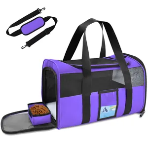 Detail of purple portable pet carrier with shoulder strap and collapsible food bowl.