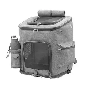 Grey portable pet carrier backpack featuring breathable mesh windows and side storage pockets.