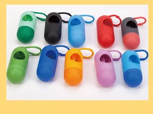 Detail view of capsule-shaped pet poop bag dispensers in multiple vibrant colors.