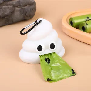 Cute poop-shaped portable dog waste bag dispenser with carabiner and green bags