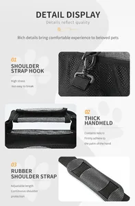 Close-up of durable metal hooks and thick padded handles on a black pet carrier bag
