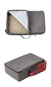 Vue détaillée d'un bac à litière de voyage pliable en tissu Oxford gris avec sa pelle rouge