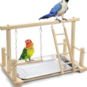 Wooden bird playground with swing, ladder and stainless steel tray for parrots