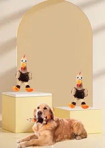 Divertente peluche per cani a forma di pollo mostrato con un cane Golden Retriever