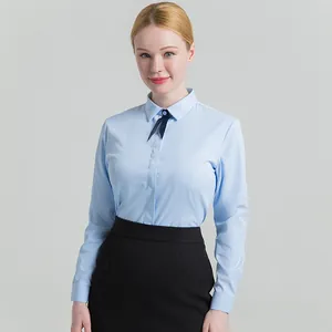 Professional light blue long-sleeve women shirt with square collar and slim fit