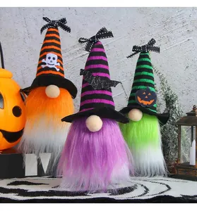 Set of three Halloween gnome plush figurines with colorful striped wizard hats for decor.