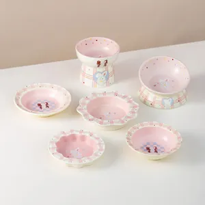 Set di ciotole in ceramica rosa per animali con graziosi motivi a forma di coniglio