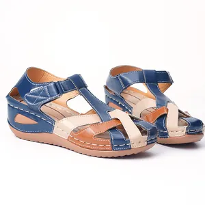 Retro round-toe wedge sandals for women with multi-color cross straps and buckle