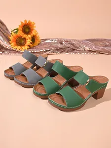 Mules à talons hauts épais élégantes en vert et gris pour la mode estivale