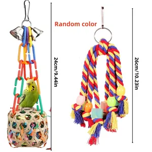 Detailed view of colorful parrot rope swing and bamboo foraging toy with dimensions.