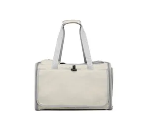 Bolsa de transporte beige plegable y portátil para mascotas con correas grises