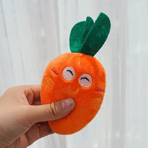 Detailed view of a small orange carrot plush pet toy featuring a smiling embroidered face.