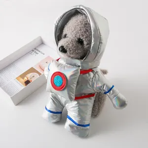Funny pet astronaut dog costume with metallic silver finish for Halloween cosplay.