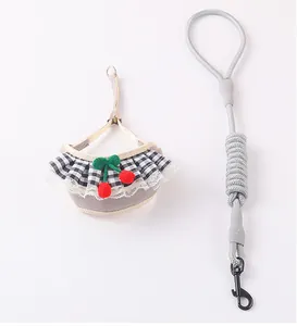 Detail shot of pet harness set with cute cherry decoration and gray braided leash