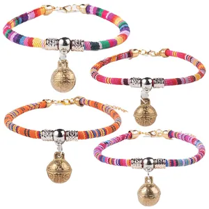 National Style Ethnic Woven Pet Collar With Vintage Bronze Bell Adjustable Neck Strap For Cats Small Dogs Puppies Kitten Jewelry