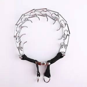 Adjustable chrome-plated metal prong training collar for dogs with nylon strap