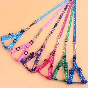 Pet harness and leash set with bone and American flag prints for small dogs and cats