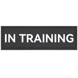 Detailansicht eines schwarzen Klett-Patches mit weißem 'IN TRAINING' Text für Hundegeschirre