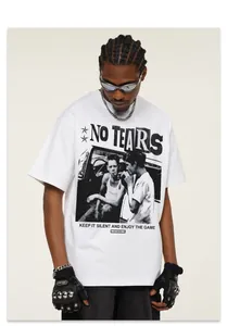 Close-up of American vintage heavy cotton T-shirt with monochrome portrait and text print