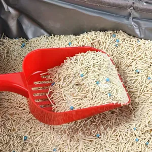 Primo piano di una paletta rossa con lettiera per gatti in tofu in una scatola grigia