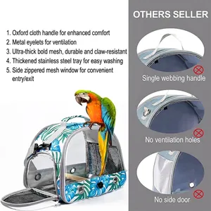 Detail view of portable parrot carrier with mesh window and metal ventilation holes for pets.