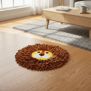 Handmade lion-shaped snuffle mat for dogs and cats placed on a wooden living room floor