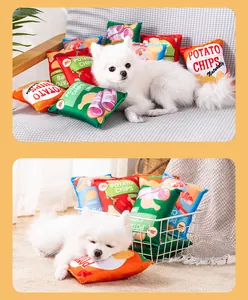 Squeaky potato chip bag plush dog toy shown with a white pet in lifestyle setting