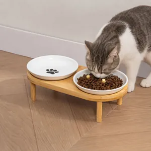 Gamelle en Céramique pour Animaux Ensemble Surélevé pour Chat Chien Avec Support en Bambou Imprimé Anti-Vomissement Incliné