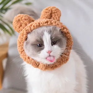 Cute plush bear ear headwear for cats and small dogs in a soft warm brown fabric