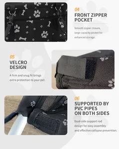 Detailed view of waterproof pet car seat carrier features including front zipper pocket and PVC support.