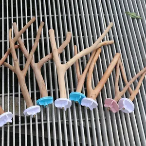 Macro detail of natural wood bird perches with colorful screw bases for bird cages