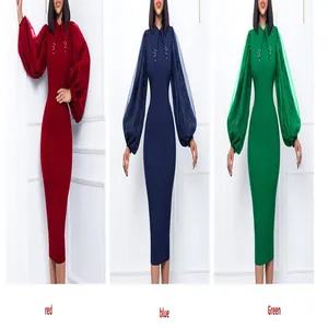 Three colors of mesh sleeve bodycon dresses with beaded collars: red, blue, and green.
