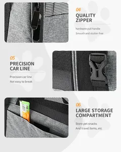 Detailed views of portable cat carrier showing quality zipper and storage compartment