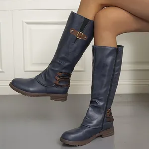 Elegante dunkelblaue kniehohe Martin Boots für Damen mit braunen Zierriemen und Schnallen