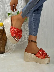 Red plaid bowknot platform wedge slippers with a textured gold thick sole for summer