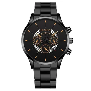 Detailansicht der schwarzen Business-Herrenuhr mit Drei-Augen-Zifferblatt und Stahlband