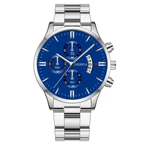 Elegante Business-Quarzuhr für Herren mit blauem Zifferblatt und silbernem Stahlband
