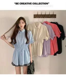 Short sleeve smocked waist shirt for women in multiple colors with ruffle detail