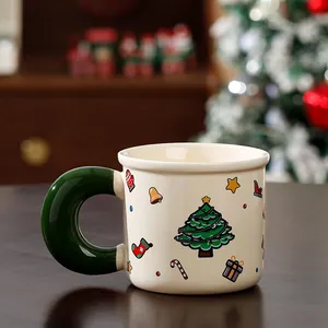 Mug de Noël en céramique vintage avec motifs mignons et grande poignée verte