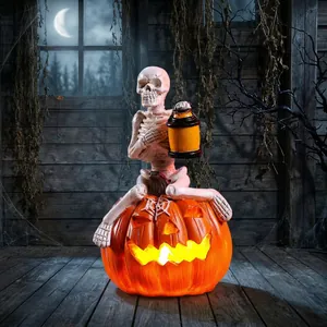 Statua di Halloween Scheletro su Zucca LED Luminosa Jack-O'-Lantern in Resina Decorazione Tavolo per Festa Horror