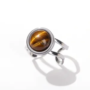 Elegant titanium steel ring with round natural tiger's eye stone, adjustable open band