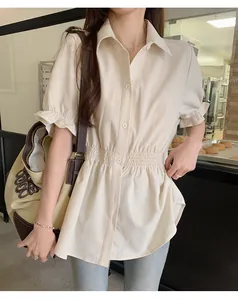 Chic cream short-sleeved shirt with smocked waist and ruffled cuffs for summer