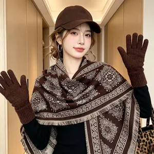 Asian model wearing a stylish brown patterned imitation cashmere shawl and matching gloves