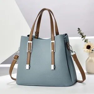 Damen Retro PU Leder Litschi Muster Handtasche Stilvolle Nähte Umhängetasche Kontrastfarben Crossbody Tasche Mit Silberner Hardware