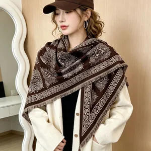 Elegant brown imitation cashmere triangle scarf with paisley pattern and tassels