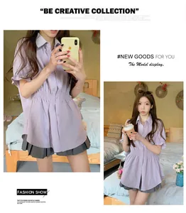 Chic lavender short-sleeved button-down shirt with a flattering cinched waist for women