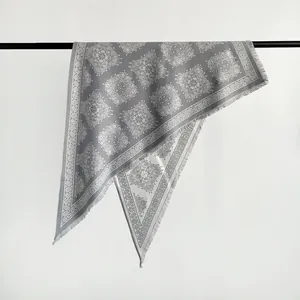 Elegant gray paisley faux cashmere triangle scarf with fringe detail for autumn and winter